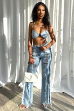 Sexy Tie Up Bra And Holes Jeans Two Piece Set LX-5529