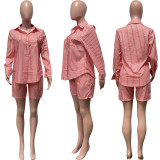 Stripe Print Long Shirt Shirt And Shorts 2 Piece Set HMS-5570