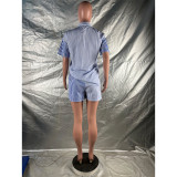 Stripe Print Short Sleeve Shirt And Shorts 2 Piece Set LUO-3750