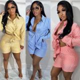 Stripe Print Long Shirt Shirt And Shorts 2 Piece Set HMS-5570