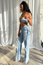Sexy Tie Up Bra And Holes Jeans Two Piece Set LX-5529
