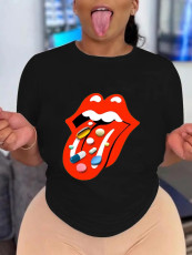 Plus Size Lips Print O Neck T Shirt SXF-30402