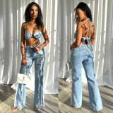 Sexy Tie Up Bra And Holes Jeans Two Piece Set LX-5529