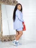 Stripe Print Long Shirt Shirt And Shorts 2 Piece Set HMS-5570