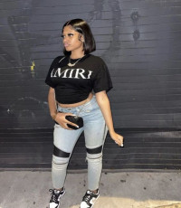 Plus Size Letter Print O Neck Short Sleeve Cropped T Shirt LSD-LD82012