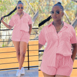 Stripe Print Short Sleeve Shirt And Shorts 2 Piece Set LUO-3750