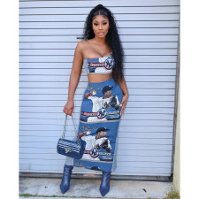 Baseball Print Slash Shoulder Tops And Skirt Two Piece Set YIY-9027