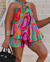 Plus Size Sexy Print Halter Loose Two Piece Shorts Set  NY-10445