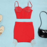 Hot Drill Sling Tassel Skirt 2 Piece Set  NY-2663