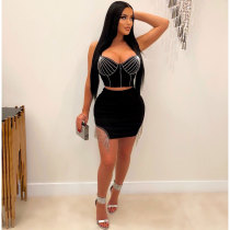Hot Drill Sling Tassel Skirt 2 Piece Set  NY-2663