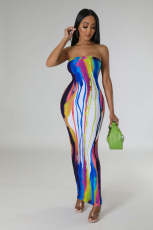 Printed Wrap Chest Nightclub Long Dress TE-4624