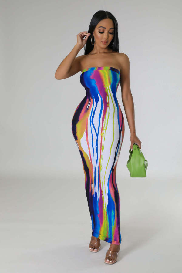 Printed Wrap Chest Nightclub Long Dress TE-4624