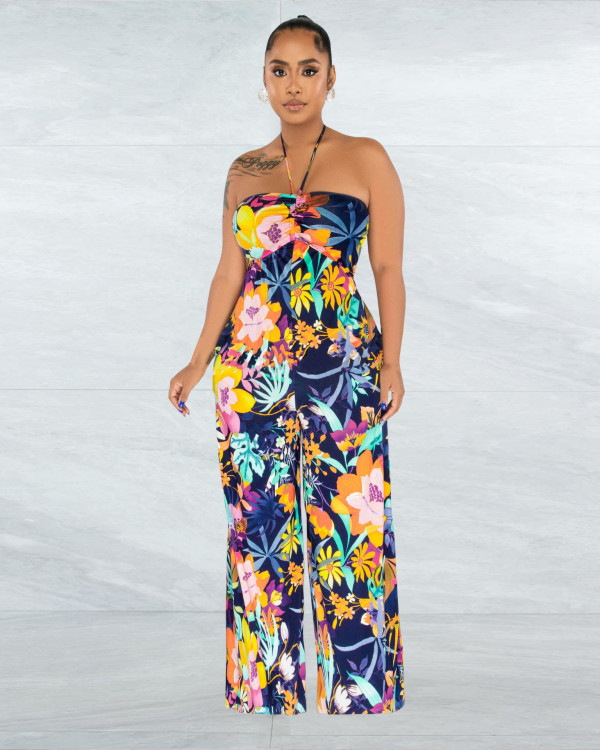 Wrap Chest Halter Print Wide Leg Jumpsuit ME-8324