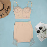Hot Drill Sling Tassel Skirt 2 Piece Set  NY-2663