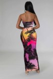 Printed Wrap Chest Nightclub Long Dress TE-4624