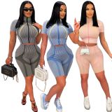 Sports Casual Strip Print Zip Short Sleeve Shorts Two Piece Set NM-8810