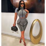 Sports Casual Strip Print Zip Short Sleeve Shorts Two Piece Set NM-8810