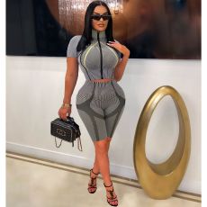 Sports Casual Strip Print Zip Short Sleeve Shorts Two Piece Set NM-8810