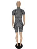 Sports Casual Strip Print Zip Short Sleeve Shorts Two Piece Set NM-8810