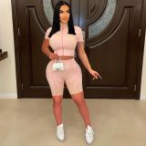 Sports Casual Strip Print Zip Short Sleeve Shorts Two Piece Set NM-8810
