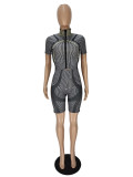 Sports Casual Strip Print Zip Short Sleeve Shorts Two Piece Set NM-8810