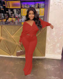 Solid Bat Sleeve Bow Tie Up Two Piece Set YMEF-8029