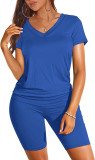 Solid Color V Neck Shorts Sleeve Shorts 2 Piece Set SHD-9411