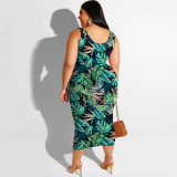 Plus Size Print Sleeveless Tie Up Two Piece Skirt Set NNWF-7817