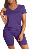 Solid Color V Neck Shorts Sleeve Shorts 2 Piece Set SHD-9411