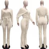 Solid Bat Sleeve Bow Tie Up Two Piece Set YMEF-8029