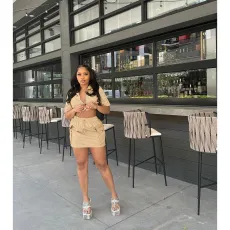 Short Sleeve Tie Up Crop Tops And Skirt Two Piece Set DDF-88201