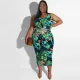Plus Size Print Sleeveless Tie Up Two Piece Skirt Set NNWF-7817