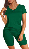 Solid Color V Neck Shorts Sleeve Shorts 2 Piece Set SHD-9411