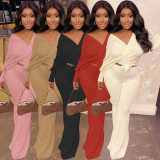 Solid Bat Sleeve Bow Tie Up Two Piece Set YMEF-8029