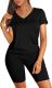 Solid Color V Neck Shorts Sleeve Shorts 2 Piece Set SHD-9411