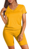 Solid Color V Neck Shorts Sleeve Shorts 2 Piece Set SHD-9411