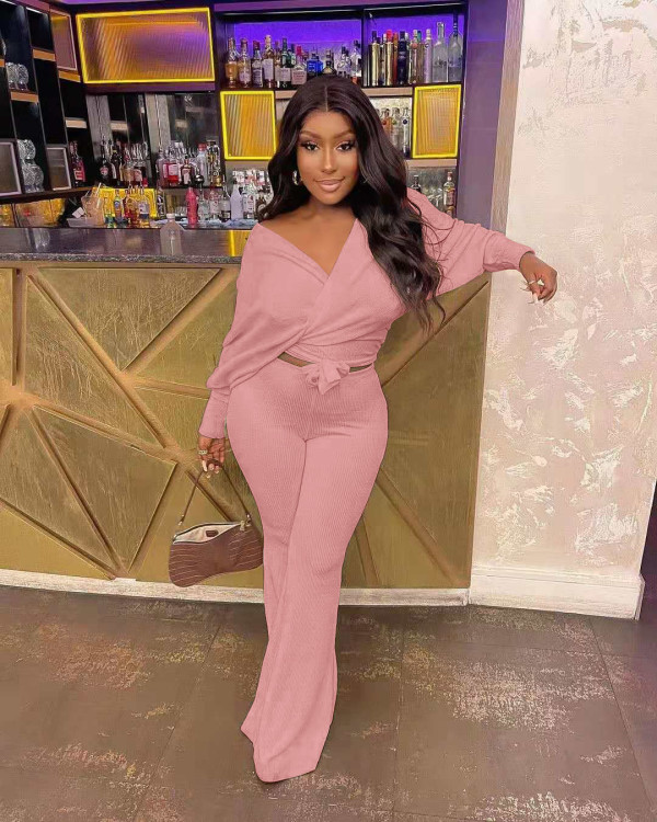 Solid Bat Sleeve Bow Tie Up Two Piece Set YMEF-8029