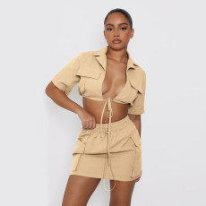 Short Sleeve Tie Up Crop Tops And Skirt Two Piece Set DDF-88201