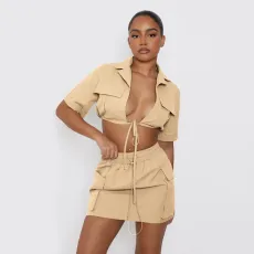 Short Sleeve Tie Up Crop Tops And Skirt Two Piece Set DDF-88201