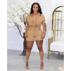 Solid Color Tie Up Shirt And Shorts Two Piece Set FOSF-8352