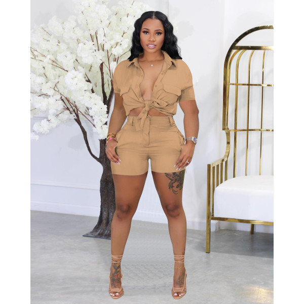 Solid Color Tie Up Shirt And Shorts Two Piece Set FOSF-8352