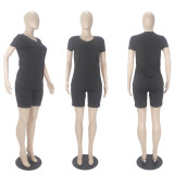 Solid Color V Neck Shorts Sleeve Shorts 2 Piece Set SHD-9411