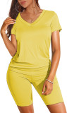 Solid Color V Neck Shorts Sleeve Shorts 2 Piece Set SHD-9411