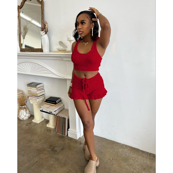 Fashion Rice Grain Velvet Vest Shorts Two Piece Set  FOSF-8353
