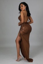 Sexy Halter Backless Pleated Irregular Dress YS-S858