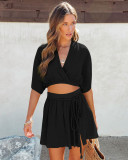 Solid Color V Neck Waist Belt Skirts Two Piece Set YD-8711