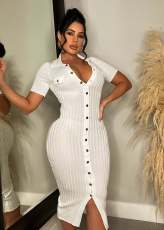 Solid Knits Single-breasted Button Midi Dress OSM-4390