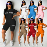 Letter Print Short Sleeve Shorts Slim 2 Piece Set QKYF-71355