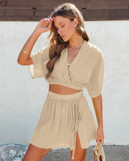 Solid Color V Neck Waist Belt Skirts Two Piece Set YD-8711