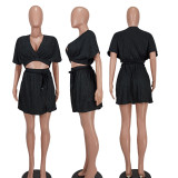 Solid Color V Neck Waist Belt Skirts Two Piece Set YD-8711